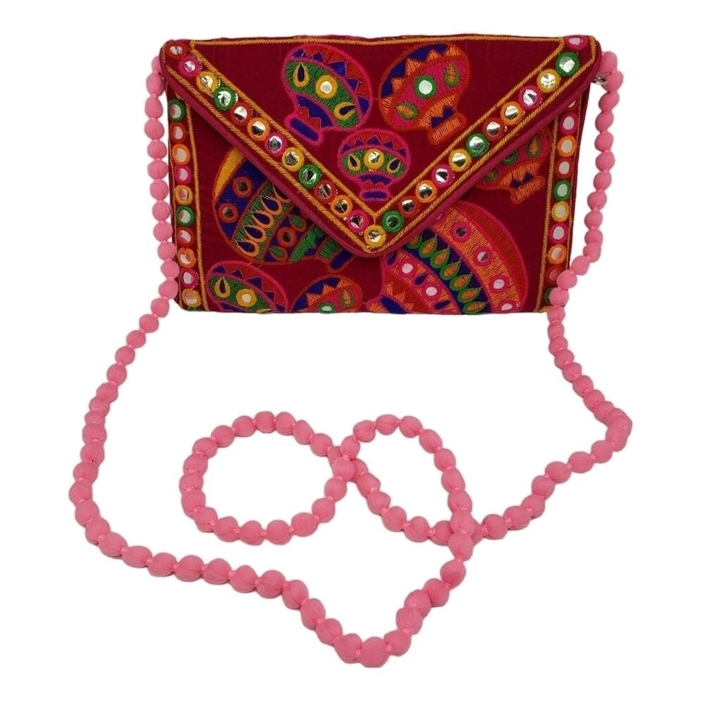 Envelope Purse with Embroidered Colorful Latern Pattern and Pom Pom Strap